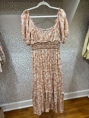 Free People Blush Peach Floral Maxi Dress with Puff Sleeves